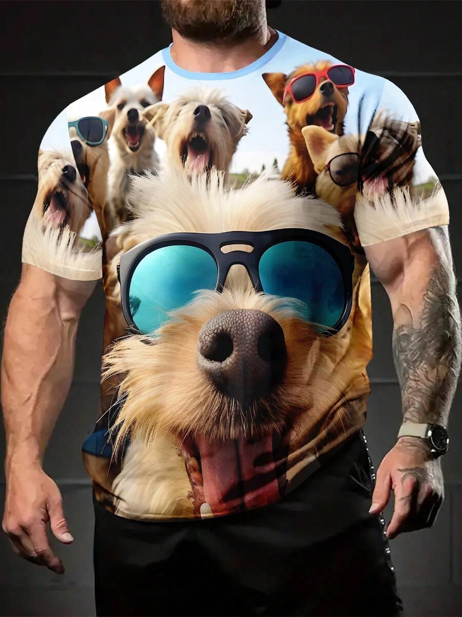 Adorable Fashion Style: Colorful Dog Sunglasses Print 3D Printed T-Shirt, Casual Short Sleeve, Comfortable Summer Short Sleeve Top, Polyester Knit Fabric, Short Sleeve, Suitable For Daily And Weekend Casual Wear - 混合色 - 查看 1