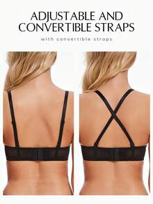 WINGSLOVE Eyelash Lace Underwire Bra Deep V Push-Up Lightly Padded Adjustable Convertible Crisscross Strap Bra - Black - View 2
