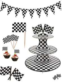 Racing Theme Birthday Decoration Set, Black & White Checkered Flag Banner, 3-Tier Racing Theme Cupcake Stand, Mini Checkered Flag Cupcake Decorations, Black & White Checkered Pattern Decor, Suitable For Car Themed Party Supplies, Racing Theme Party Decorations, Birthday Party Decor, Checkered Party Decor, "Race Car Party" Supplies, Creative DIY Cake Decorations, Birthday Party Centerpieces, Cupcake And Dessert Display Stand, Baby Shower - Multicolor - View 12