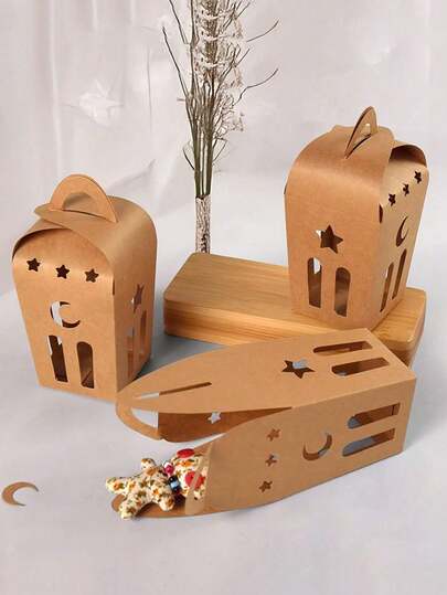 10pcs Ramadan Gift Box,Brown Kraft Paper Hollowed Out Star And Moon Pattern Gift Packaging Box For Ramadan Decoration