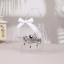 5Pcs Ramadan Kareem Transparent Gift Bag PVC Handbag With Ribbon Bow Moon Lantern Print Muslim Festival Gift Packaging Bag For Eid Mubarak - Transparent Gift Bag - View 11