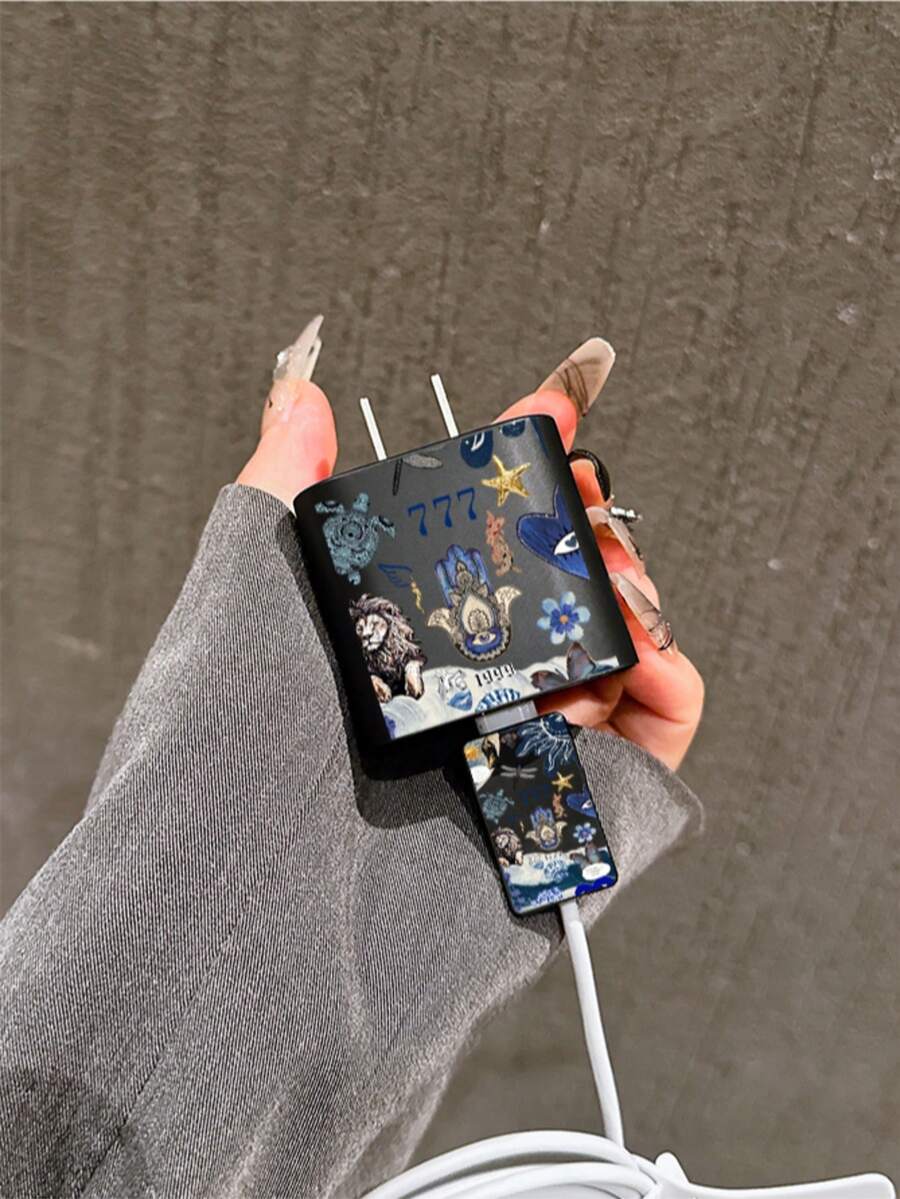 4pcs 777 Devil's Eye Charger Protector Case, Data Cable Organizer Set - 20W/18W Charger Adapter, Adapter Head Cover, Compatible With IPhone 11/12/13/14/15/16/13 Pro Max/16 Pro Max/17 Pro Max/15 Pro Max - Black - View 1