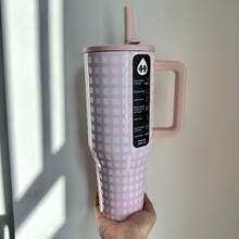 Hydro 40 Oz Pink White Gingham With Handle & Flip Straw Tumbler., Perfect For Car Camping, Daily Use, And As Gift. - 粉紅白方格 - 查看 3