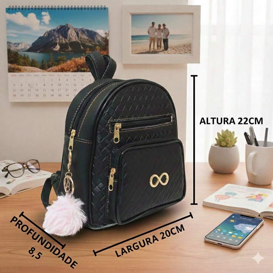 Women's Small Casual Backpack With Pockets + Pompom Keychain. Immediate Delivery. - 黑色 - 查看 1