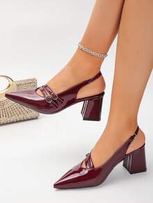 外貿原創尖頭粗跟後扣式高跟鞋，秋冬/夏季新款極簡純色法式時尚設計高跟鞋 - 酒紅色 - 查看 3