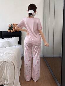 Dreamivo Bộ 2 món đồ ngủ nữ kiểu dáng thường ngày in hình bướm, áo tay ngắn và quần dài, màu hồng nữ tính. - Hồng - Xem 5