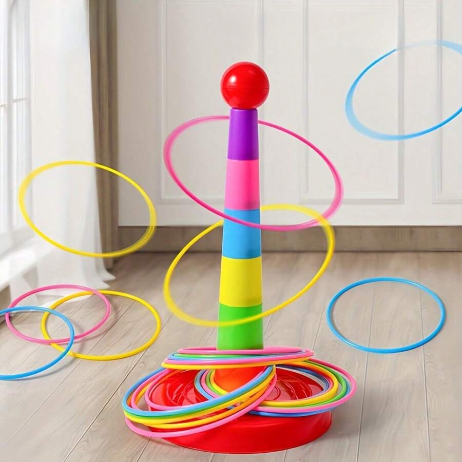 6pcs/9pcs/12pcs Colorful Plastic Ring Toss Game Set, Interactive Indoor/Outdoor Toy, Outdoor Hoopla Game, Suitable For Parties, Competitions, Adults And Group Activities, Multi-Color Hoops Perfect For Backyard, Lawn, Birthday Decor, Summer Beach Carnival - Multicolor - View 1