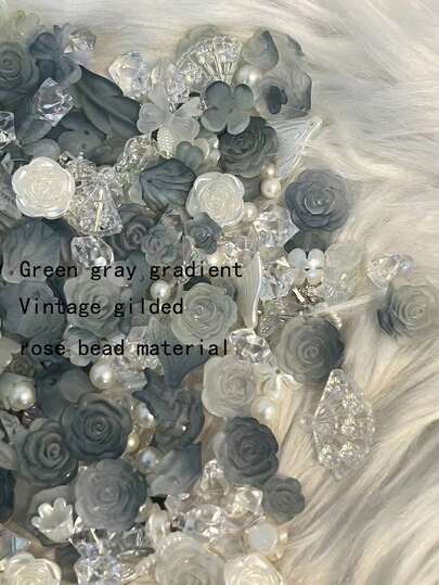 Matte Green Grey Gradient Starry Sky Flower Rose Blend, DIY Cream Glue Handmade Material Set, DIY Necklace Bracelet, Picture Frame Decoration Mixed Accessories