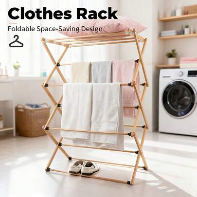 Foldable Bamboo Clothes Rack Multi-Layer Space-Saving Drying Rack For Clothes/Towel,Multi-Layer Foldable Clothes Drying Rack Bamboo Wood Space-Saving Towel Rack