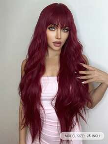 Tóc giả dài 26 inch màu đỏ tự nhiên, gợn sóng, có mái, làm từ sợi tổng hợp, màu đỏ rượu vang, phù hợp cho phụ nữ mặc hàng ngày khi đi dự tiệc. - Màu đỏ mâm xôi - Xem 3