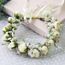 YAZILIND White Rose Flower Crown For Women – Boho Floral HA 11LO Headpiece With Pink Accents For Bridal, Festivals, Photoshoots, And Parties,9-Beige - 9-米色 - 查看 3