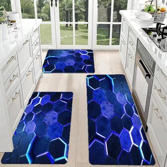 Minimalist Kitchen Countertop With White Cabinetry & Wooden Surface - Decorated With Light Brown Bread Bowl, Glass Jars, Copper Pot, & Hexagonal Pattern Blue Glossy Rug - Perfect For Modern Hom