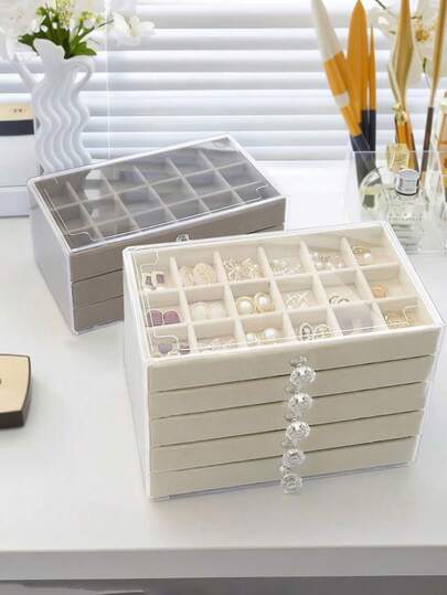 1pc 5-Tier/3-Tier Velvet Jewelry Box, Necklace Earring Ring Jewelry Storage Box, Gift For Women And Girls, Large Capacity Portable Jewelry Organizer, Bathroom Storage Box, Desktop Drawer Organizer, Stackable Jewelry Box, Drawer Style Jewelry Box, Ring Earring Organizer, Acrylic 3-Layer Velvet Jewelry Box