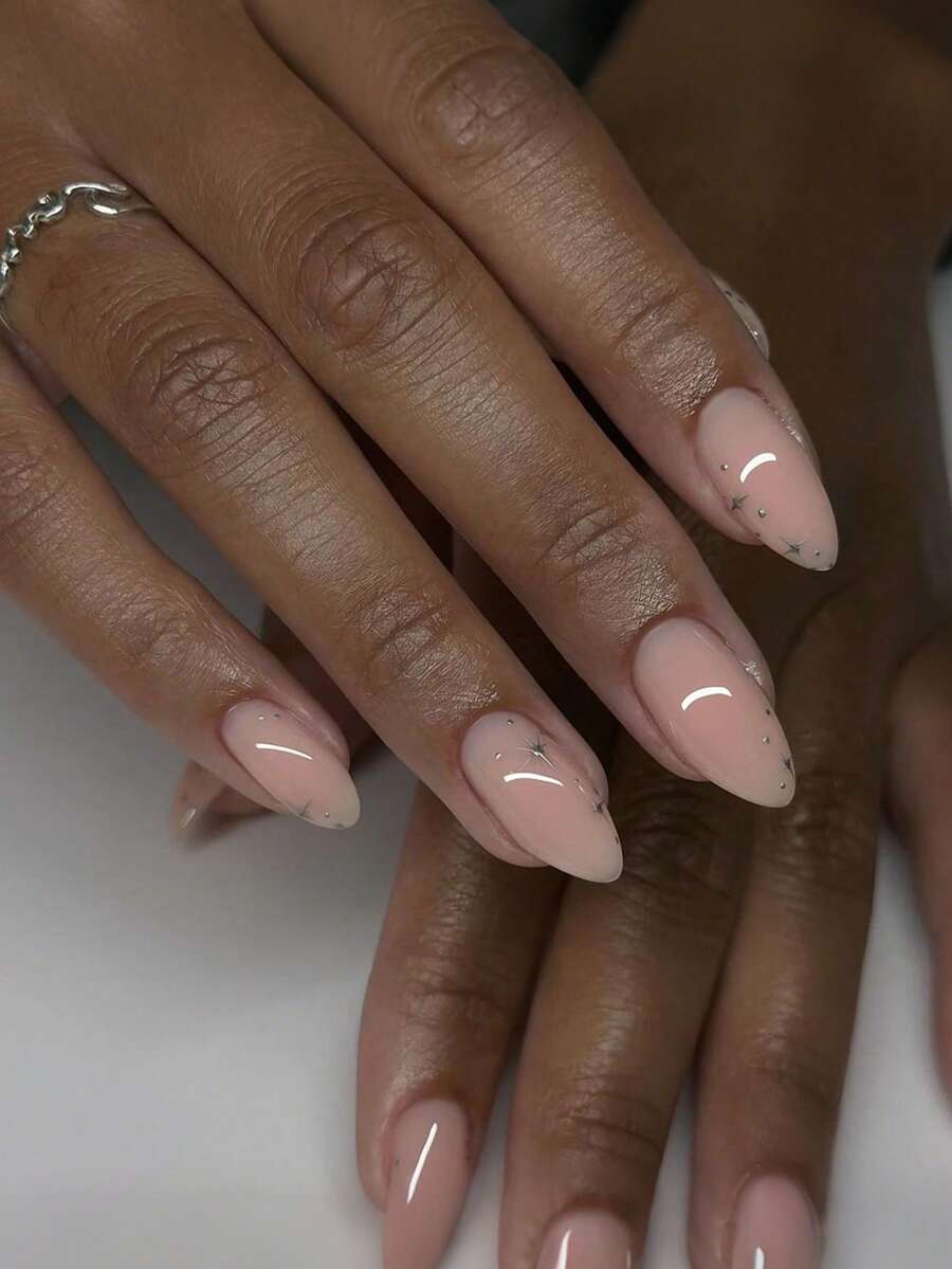 24pcs Medium Almond Ramadan Press On Nails, Silver Star Polka Dots Nude Full Cover Glossy False Nails Set, Include: 1pc Jelly Glue And 1pc Nail File,Easy To Wear Daily Fake Nails & French Tip Nails Press On Art For Women And Girls Daily Life - Multicolor - View 1