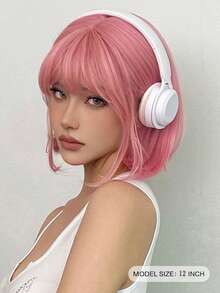 12英寸直发粉色刘海波波头假发，适合女性日常、派对、角色扮演、摄影等场合。