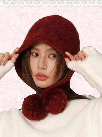 1 set damer pompom vintage enfärgad stickad mössa och halsduk, elegant vinter varm vindtät fräsch söt, lämplig för daglig avslappnad pendling mångsidig