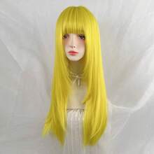 Synthetic Lemon Yellow Long Straight Wigs With Bangs Lolita Cosplay Fluffy Wig Heat Resistant For Daily Party - Yellow - View 4