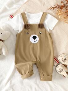 Setelan 2pcs Bayi/Balita Motif Beruang Kartun Bordir Celana Pendek Bergaris dengan Tali Bahu dan Kaos Lengan Pendek, Musim Panas - Unta - View 2