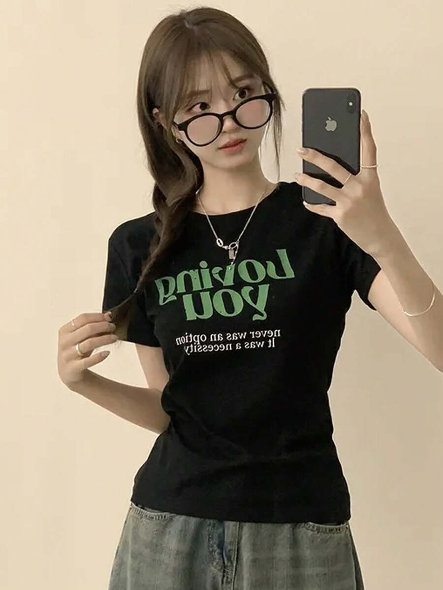 Short Sleeve T-Shirt For Women, Summer Fashion, Versatile, Loose Fitting, Round Neck Top - Black - View 1
