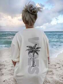 Camiseta de manga corta con cuello redondo y estampado minimalista de palmera para mujer, sencilla y versátil, adecuada para uso diario y de vacaciones. Camiseta con Estampado, Mujer, Blanca, Negra, Rosa, Verano - Blanco - Ver 8