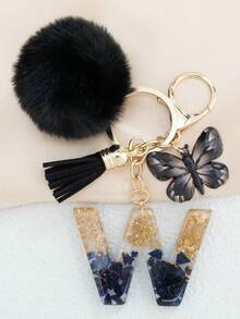 2026 New Style Black Pom Pom Keychain Ornament Perfect Gift For Women & Girls - A-Z Letter Resin Pendant Fashion Bag Car Key Ring Hange Bag Charm Purse Charm Keyring Y2K - Black - View 13