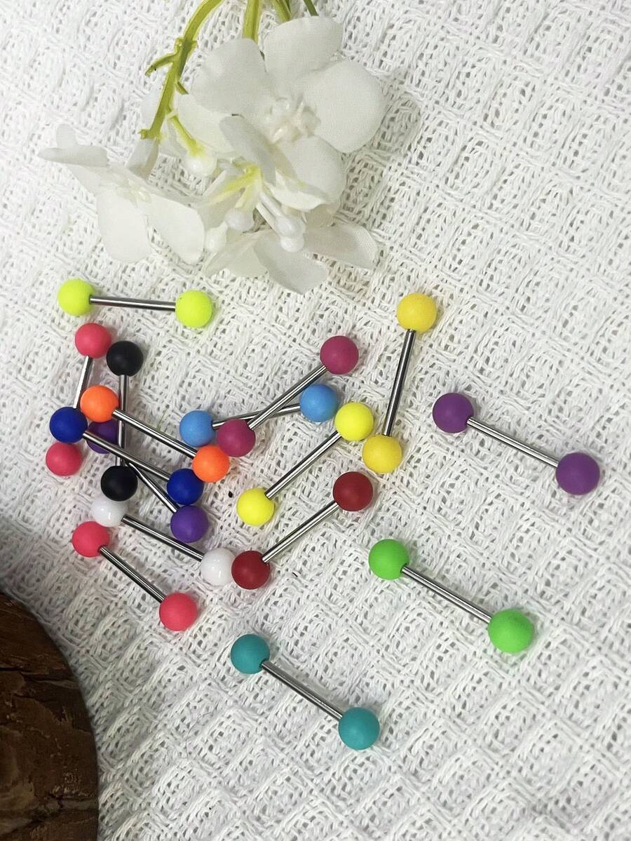 16pcs European And American Popular Rainbow Candy-Colored Stainless Steel & Acrylic Tongue Studs/Tongue Rings Piercing Jewelry For Men And Women