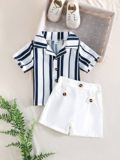 2pcs Toddler Boys' Casual Striped Shirt Top And Shorts Set