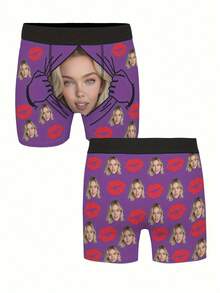 Personalized Photo Boxer Briefs For Men - Custom Face/Name/Photo Underwear Suitable For Valentine's Gifts, Anniversary, Or Daily Wear - Unique Matching Boxer Shorts With Your Own Picture Or Lip Print (Comfortable Stretch Fit) - 紫色 - 查看 2