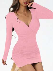 Elegant Ruched Waist Deep V-Neck Long Sleeve Mini Dress, New Arrival Spring/Summer - Pink - View 2