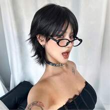 Edgy Wolf Tail Style Wig,Short Black Shaggy Pixie Wig With Bangs - Retro Business & For Halloween Cosplay Hairpiece, 6-Inch 180% Density Human Hair, Secure Fit Cap, Versatile Hairpiece For Parties & Casual Attire - Natural Black - Xem 1