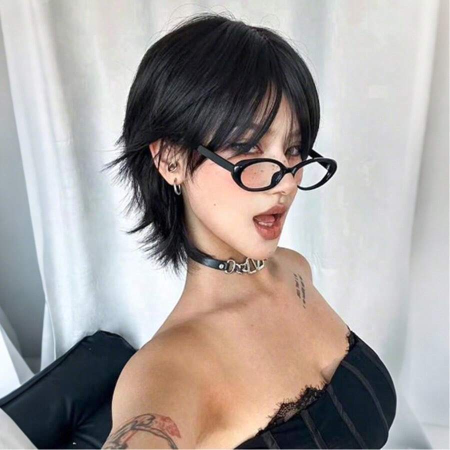 Edgy Wolf Tail Style Wig,Short Black Shaggy Pixie Wig With Bangs - Retro Business & For Halloween Cosplay Hairpiece, 6-Inch 180% Density Human Hair, Secure Fit Cap, Versatile Hairpiece For Parties & Casual Attire - Natural Black - Xem 1