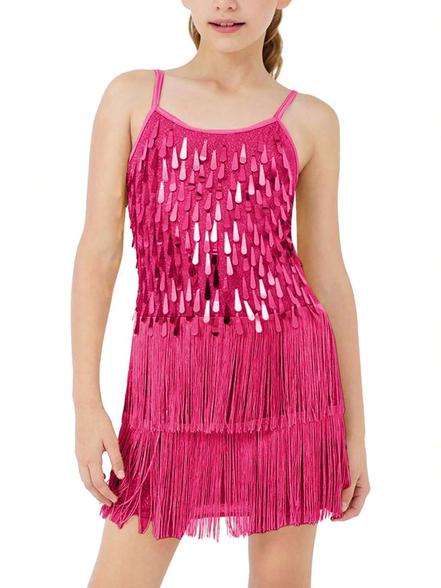 LONTAKIDS Girls Sequin Fringe Party Dress Fringe Flapper Dress Salsa Cha Cha Tassel Latin 2Pcs Dance Dress & Shorts Adjustable Spaghetti Strap 5-13 Yrs - 玫紅色 - 查看 1