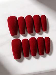 10pcs Coffin Shaped Nail Stickers, Textured, Y2K Aesthetic, Blood Red Press-On Nail Stickers, Red Nails, Acrylic Press-On Nails, Press-On Fake Nails, New Year Nails, Valentine's Day Nails, Includes 1pc Jelly Gel And 1pc Nail File, Suitable For Women And Girls Daily Wear, Rave Party Nail Supplement, Press-On Nails, Nail Art Supplies. - Red - View 13