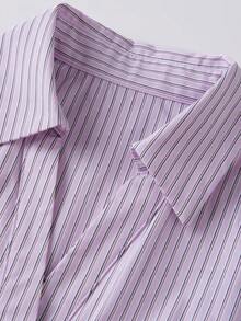 Women's Business Striped Ruffle Shirts Cap Sleeve Lapel V Neck Button Down Slim Fit Office Work Basic Tee Blouses Going Out Tops - Pink - View 10
