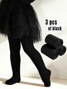 3 Pairs Girls' Solid Color Velvet Leggings, Soft, Snag-Resistant, High Elasticity Tights - Black - View 12