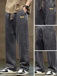 pantalones hombre vaqueros hombre ropa de hombre Pantalones vaqueros informales lavados para hombre con cordón y cintura elástica para uso diario - Gris Oscuro - Ver 2
