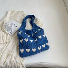 Crochet Heart Handbag With Woven Pattern - Soft Knitted Shoulder Bag, Spacious & Perfect Valentine's Gift For Her - Màu xanh lam - Xem 7