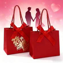 12个优雅红色礼品袋，采用加厚奢华材质制成，手提购物袋设计，饰有醒目的心形图案和结实的丝带蝴蝶结手柄。 - 彩色 - 查看 5