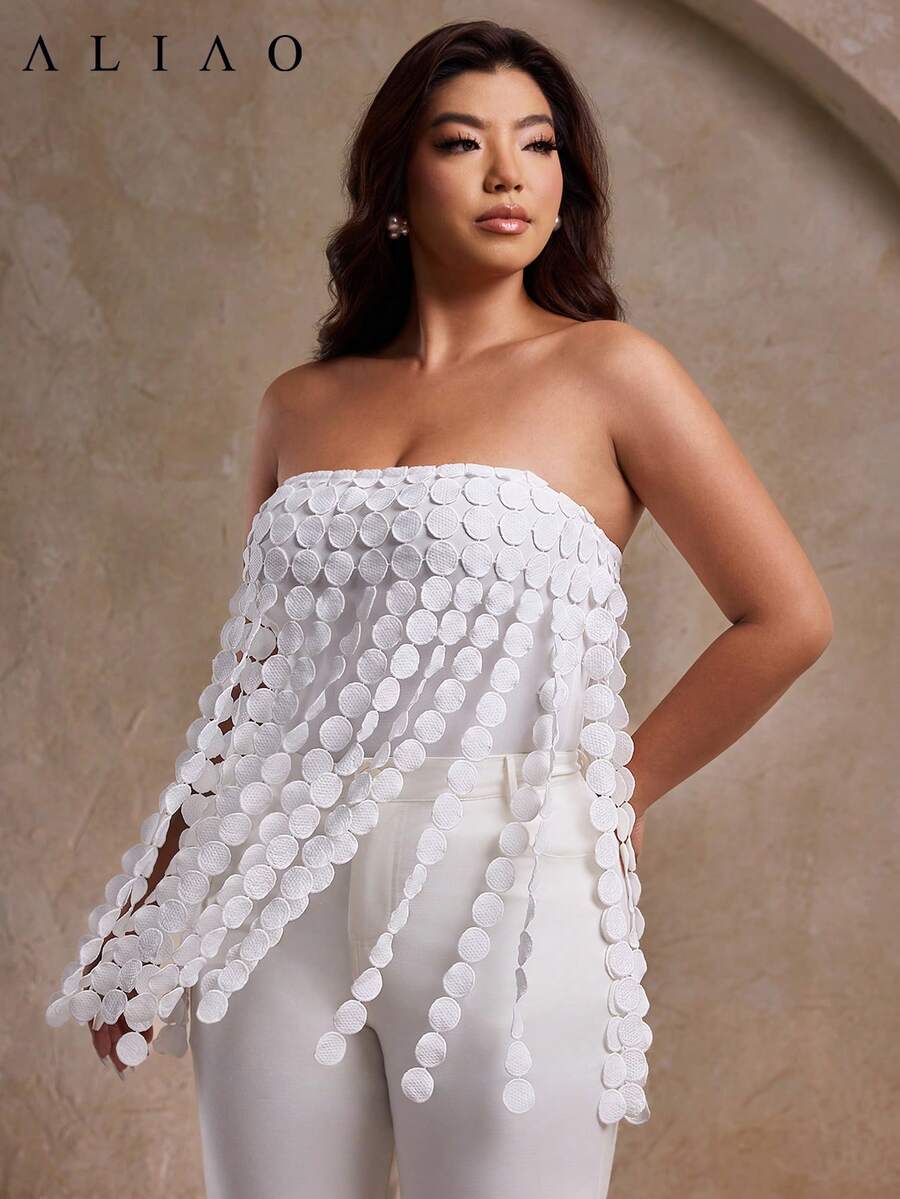 A&A Plus-Size Laser Cut Multi Circle Double Layered Minimalist Geometric Tassel Tube Top, Removable Halter Top, Polka Dot, White Top, Back To School, Off The Shoulder Top, Flowy Tops, All White - White - View 1