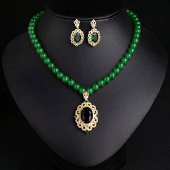 奢华祖母绿珠玛瑙项链镶嵌锆石耳环套装，女士百搭小众配饰