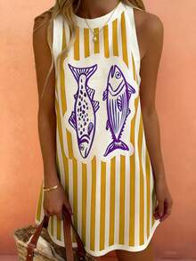 Starfish Boho Style Summer Beach Casual Comfortable Vintage Colorblock Striped & Fish Scale Print Sleeveless Dress, Brunch Outfit For Women - Yellow - View 3