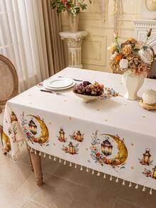 1pc Beige Tablecloth, Bohemian Style With Gold Moon, Stars, Lanterns And Floral Pattern, Washable, Rectangular Tablecloth For Dining Table, Coffee Table, Suitable For Home, Kitchen, Dining Room, Living Room, Meals, Gatherings, Parties, Themed Celebrations, Islamic Holidays Decor, Gifts - Multicolor - View 13