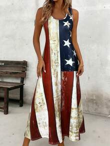 女士休闲长吊带连衣裙，美国国旗印花 - 圆领夏季连衣裙，休闲度假装，弹力修身中长连衣裙，适合海滩和日常穿着，时尚度假装，波西米亚风多色女士长裙，优雅 - 彩色 - 查看 3