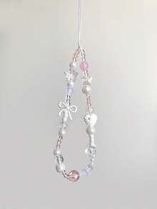 1/2件芭蕾舞风格蝴蝶结爱心手机挂饰链，CCD相机挂绳，防丢腕带（女孩款），钥匙扣，手机挂绳，包包挂饰，花朵戒指托，手机支架 - 彩色 - 查看 3