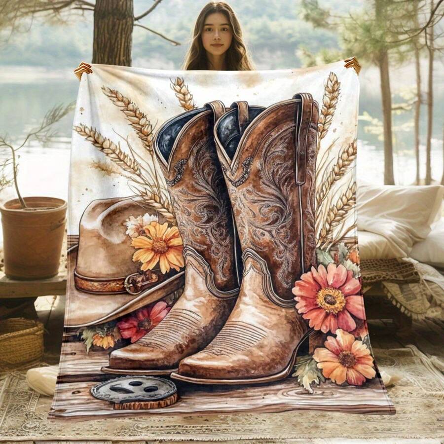 Retro Western Cowboy Theme, Cowboy Boots, Cowboy Hats, Cacti, Feather Design Patterns, Modern Home Style,Super Soft Flannel Printed  Blanket,As Birthday Gifts, Family, Wedding, Souvenir Blankets, Polyester Blankets Suitable For All Seasons, Washable, Machine Washable, Lightweight, Breathable, Comfortable, Warm, Unique, 280gsm For Him, Her Personalized Ideal Gifts For Her, Him, Family, Boyfriend, Girlfriend, Father, Family, Mother, Lover, Daughter, Son, Grandfather, Grandmother, Teacher,Doctor, Nurse,Friend, Classmate, Pet.Perfect Nap, Camping, Travel, Home, Daily Life, Office Decoration, Birthday, Anniversary, Valentine's Day, Thanksgiving, Graduation Season,Christmas, Halloween, Mother's Day, Father's Day, Wedding, New Year Gifts ,Sofa,Bed,Car,Bedroom,Living Room,Office,  Outdoor Camping, Beach,Wall Decoration - 多色15 - 查看 1