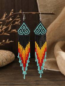 1对女士时尚流苏耳环，波西米亚风、复古风、度假风，蓝色、黑色、黄色、红色串珠，几何图案，渐变长流苏摇曳手工串珠耳环，女士配饰，适合日常、度假、百搭，亦可作为节日礼物 - 彩色 - 查看 2