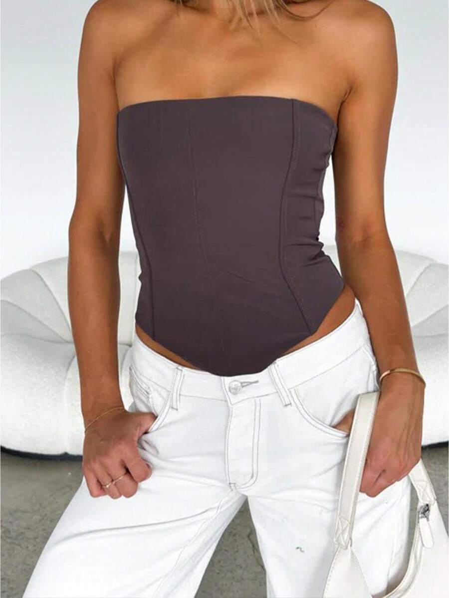 Womens Solid Tube Top, Slim Fit Tie Back Off Shoulder Sleeveless Crop Top For Summer Streetwear - màu nâu cà phê - Xem 1