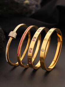 4pcs Fashionable, Luxurious And Elegant Stainless Steel Moon Bracelet Set, Waterproof, Non Fading, Stackable Jewelry, Daily Wear For Men And Women, Party Gatherings, Valentine's Day, Christmas Holiday Gifts - Gold - View 1