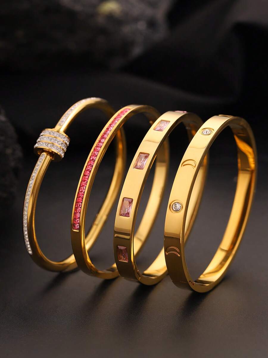 4pcs Fashionable, Luxurious And Elegant Stainless Steel Moon Bracelet Set, Waterproof, Non Fading, Stackable Jewelry, Daily Wear For Men And Women, Party Gatherings, Valentine's Day, Christmas Holiday Gifts - Gold - View 1