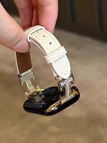 1条女士米色时尚水钻H型扣拼接皮革表带，适用于38/40/41/44/45/49/42/46mm Series 11/SE3/Ultra3/Ultra/SE/SE2/10/9/8/7/6/5/4/3/2/1 - 米色 金扣 - 查看 8